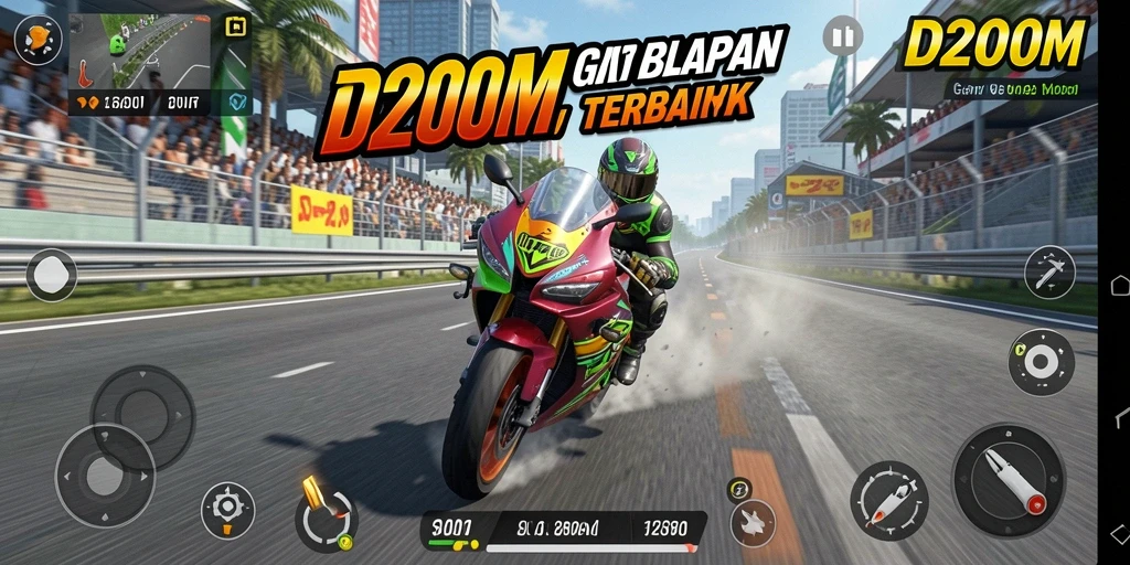 Screenshot utama D200M menampilkan aksi balapan motor yang seru.