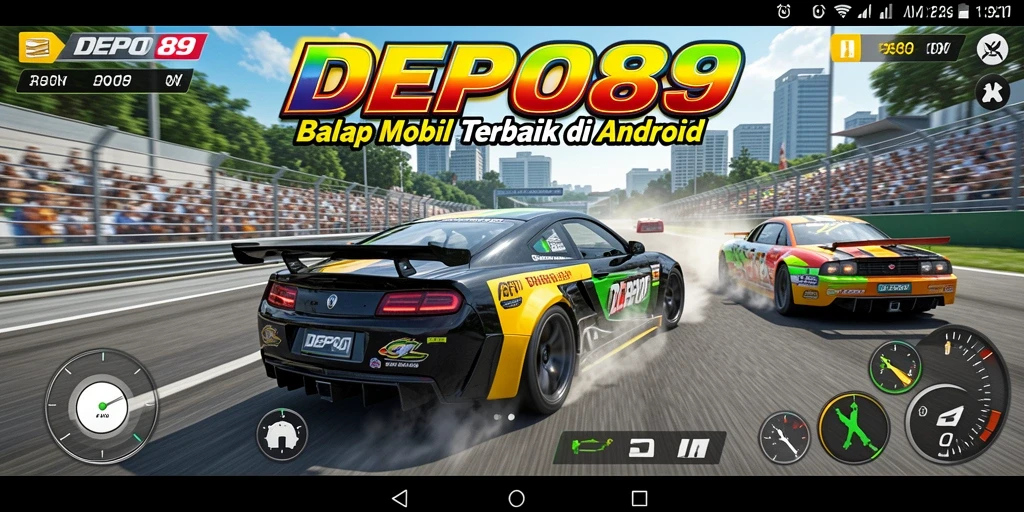 Screenshot gameplay DEPO89 dengan mobil balap di lintasan.