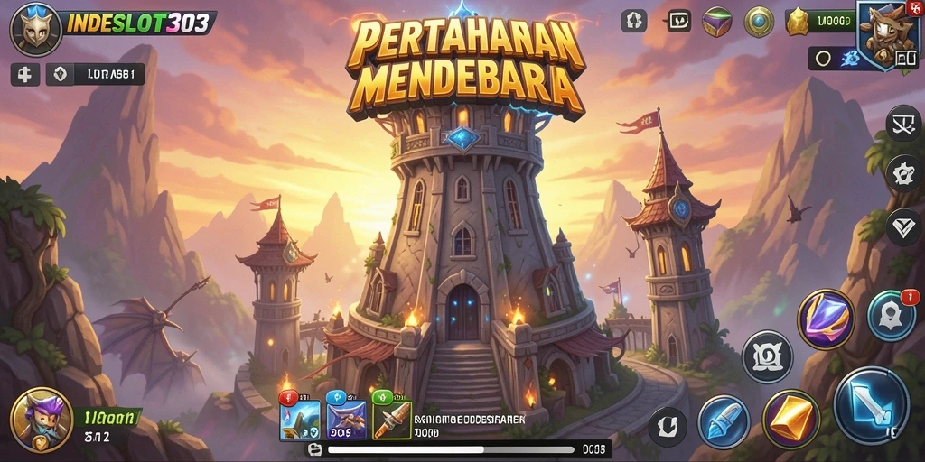 Tampilan gameplay mendebarkan INDESLOT303 dengan menara dan musuh yang menyerang.